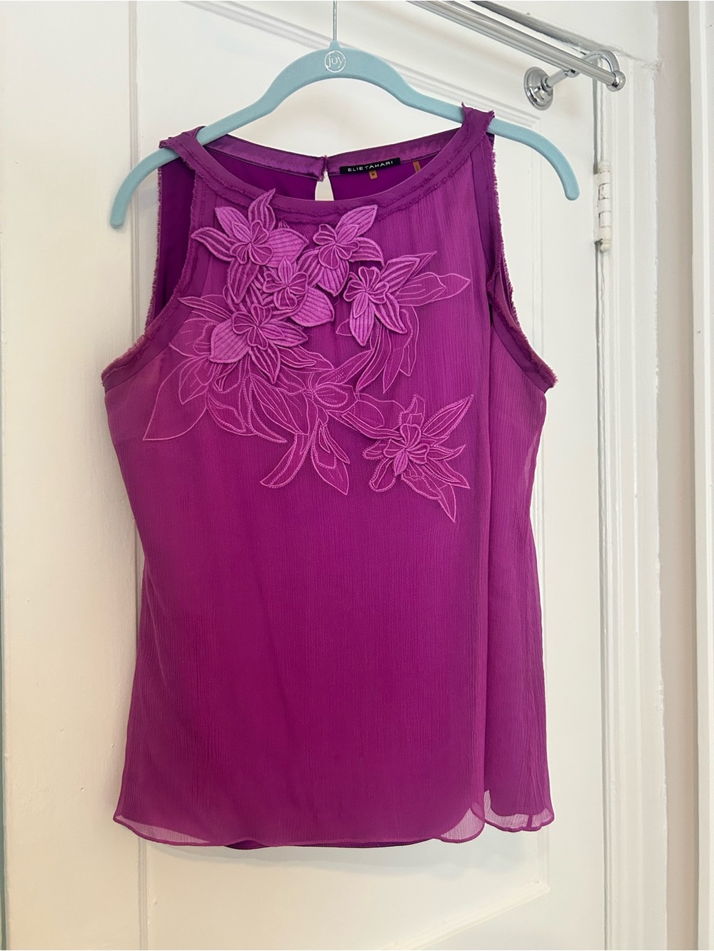 Elie Tahari Magenta Sleeveless Floral Appliqué Top